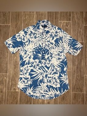 Ralph Lauren 100% Linen Button Shirt Pullover Camp Hawaiian Blue Mens Small
